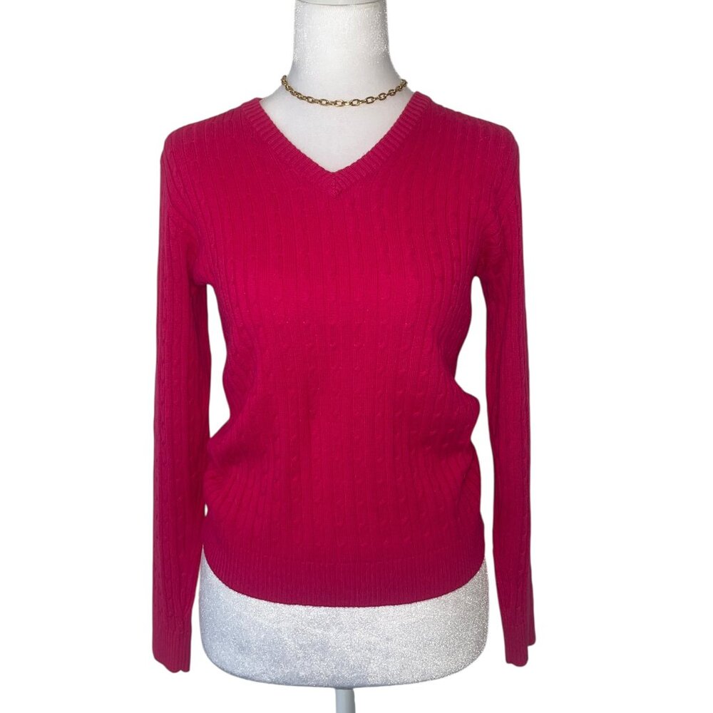 Preppy Cotton Cable Knit Sweater Raspberry Pink Red V-neck by Kim Rodgers S